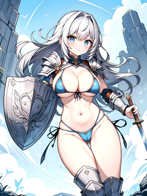 Bluish gray hair 、 light blue inner color、 gals、 slit eyes 、とても slit eyes 、 Female Warrior、 Bikini Armor、 is wearing armor、Sword in right hand、Shield in left hand、 huge breasts 、 slender、 cleavage in years、Under boob、Side boob、stomach、belly button、whole bo...