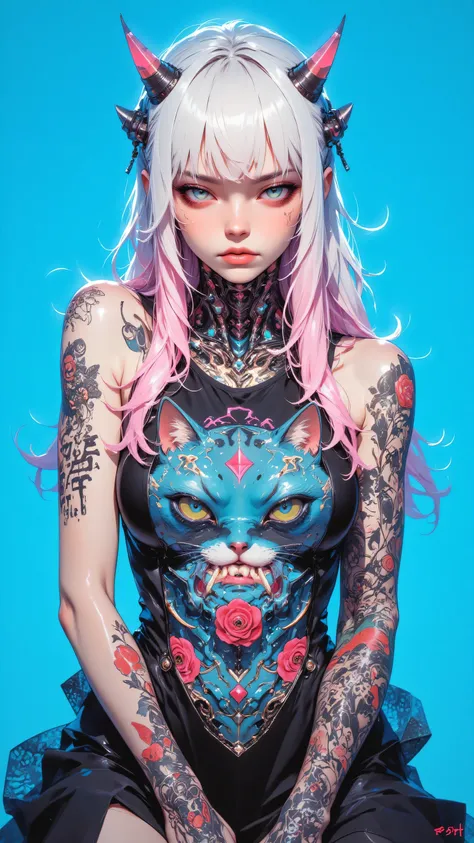 8k, masterpiece, highest quality, Close-up, frontal, female, long white hair, pink highlights, blunt bangs, devil horns, blue eyes, pale skin, serious expression, neck tattoos, arm tattoos, floral motifs, animal motifs, sleeveless top, cat face design, bri...