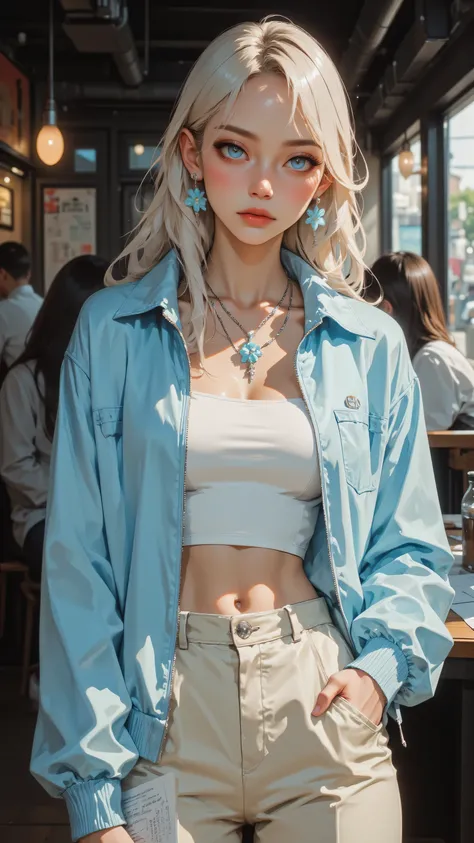 8k, masterpiece, highest quality, slightly-angled viewpoint. Blonde, large eyes, calm expression, light blue flower earrings, necklace with light blue flower pendant. Light blue zip-up jacket, white crop top, light beige high-waisted pants, light blue belt...