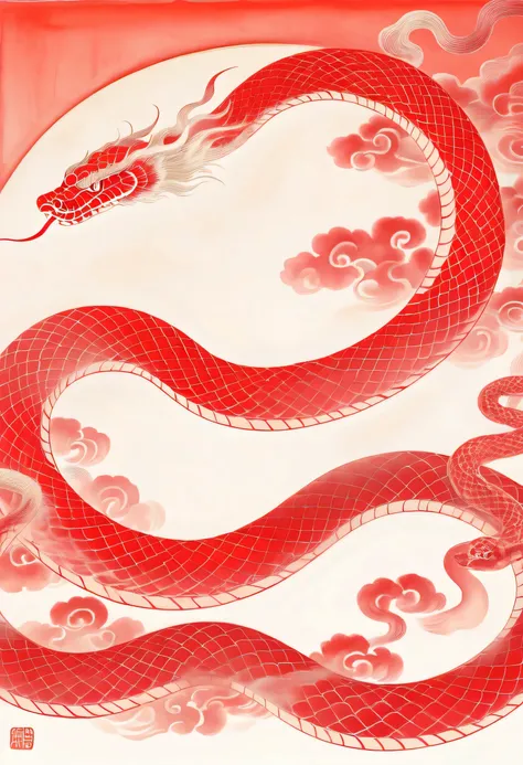 hongshe , red,  Traditional Chinese Painting, Ink Painting, Wire, calligraphy, Chinese Ink Painting, Wire,  White blonde, snake, a  red snake, fiery  red auspicious clouds, the shape of the snake is in Wire with the laws of nature, Happy Snake Year , the s...