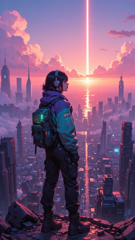 8k, masterpiece, highest quality, dark hair, headphones, serene expression, teal-purple jacket, dark pants, chunky boots, backpack, contemplative pose, futuristic city, sunset hues, purple, pink, orange,  buildings, skyscrapers, intricate,  fluffy clouds, ...