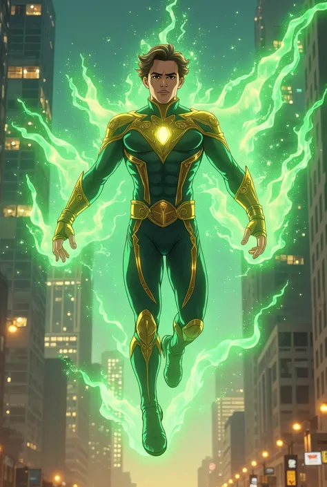 “Action Scene. Full-body. The body is flying in the air gracefully, surrounded by holographic green magic energy with sparkling gold inclusions. A 25-year-old olive-toned white male God is wearing a skin-tight green and black outfit with gold metal details...