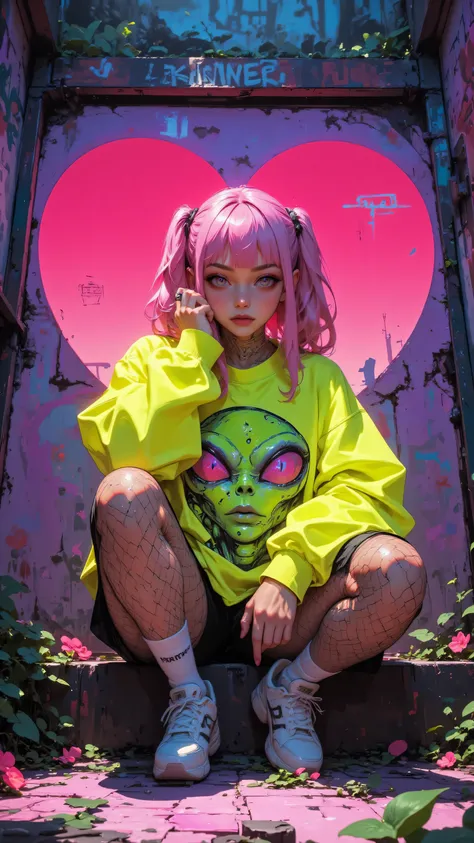 8k, masterpiece, highest quality, Low-angle, three-quarter view, pink hair, pigtails, large eyes, soft expression, neon yellow sweatshirt, alien graphic, black fishnet stockings, white socks, white sneakers, graffiti wall, pink and purple tones, heart-shap...