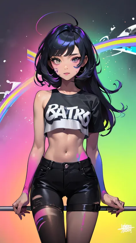 (Rainbow Background:1.45),( the girl on the left, alone, Cowboy Behind the Back Arm Behind the Backrest, Dark Rainbow Skin , Rainbow Color Body Paint , Crop Top Casual Strappy Tee:1.45),(1/2 Official Art  ,2/  3 Graffiti Art  , Street Style Fashion,P/3 Sta...