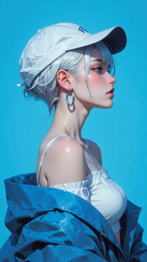 8k, masterpiece, highest quality, short white hair, white cap, white off-shoulder top, blue jacket, hoop earrings, pensive expression, side profile, solid blue background.