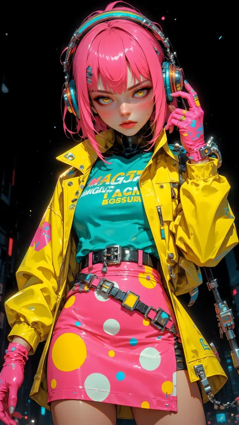 8k, masterpiece, highest quality, low-angle,  dynamic,  intense,  wide-eyed,  pink-yellow hair,  bob, bangs,  large headphones,  yellow jacket, zipper, studded belt,  polka-dotted skirt, pink, yellow, teal, pink gloves,  large polka dots,  serious expressi...