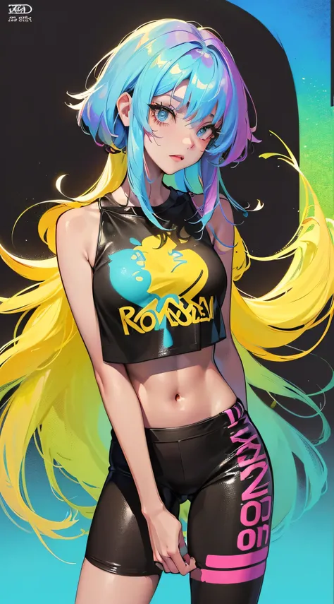 (Rainbow Background:1.45),( the girl on the left, alone, Cowboy Behind the Back Arm Behind the Backrest, Dark Rainbow Skin , Rainbow Color Body Paint , Crop Top Casual Strappy Tee:1.45),(1/2 Official Art  ,2/  3 Graffiti Art  , Street Style Fashion,P/3 Sta...