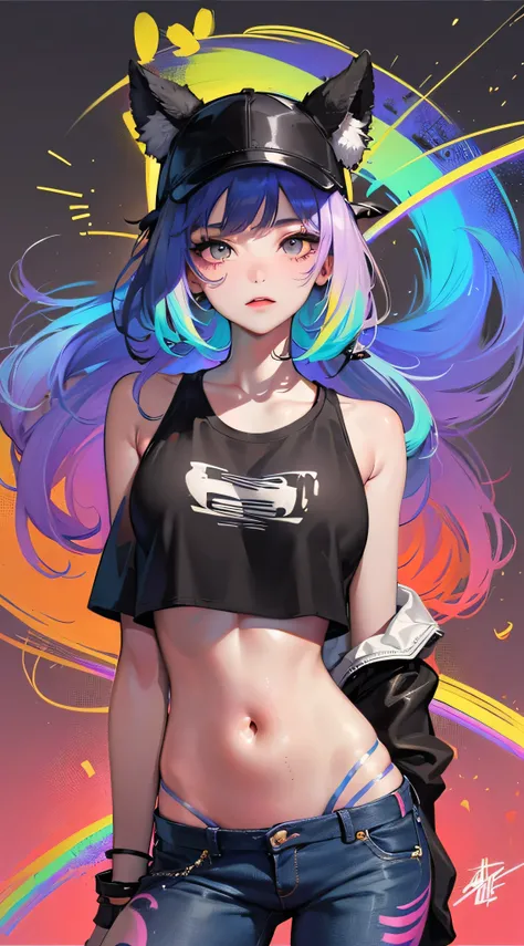 (Rainbow Background:1.45),( the girl on the left, alone, Cowboy Behind the Back Arm Behind the Backrest, Dark Rainbow Skin , Rainbow Color Body Paint , Crop Top Casual Strappy Tee:1.45),(1/2 Official Art  ,2/  3 Graffiti Art  , Street Style Fashion,P/3 Sta...