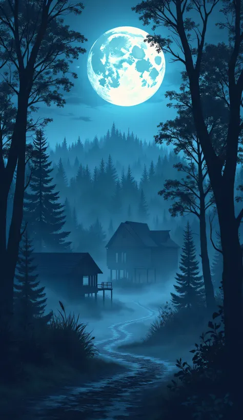 "A dense and mysterious forest at night, lit by a large full moon in the sky. In the background, an abandoned and silent village, with worn wooden houses and a gloomy atmosphere. Creeping fog covers the ground, creating an intriguing and slightly frighteni...