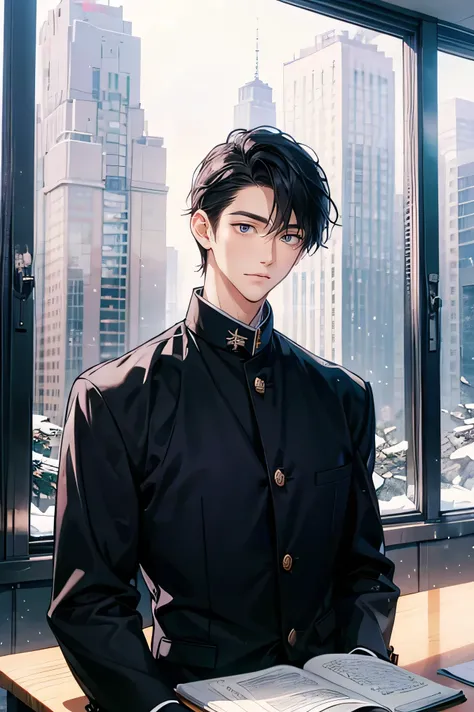 Japanese man handsome short dark hair looks like an adult short cropped smile The black Gakuran jacket has a black padded collar 5 gold buttons on jacket In a bright classroom Outside the window is a group of snowy futuristic city skyscraper...