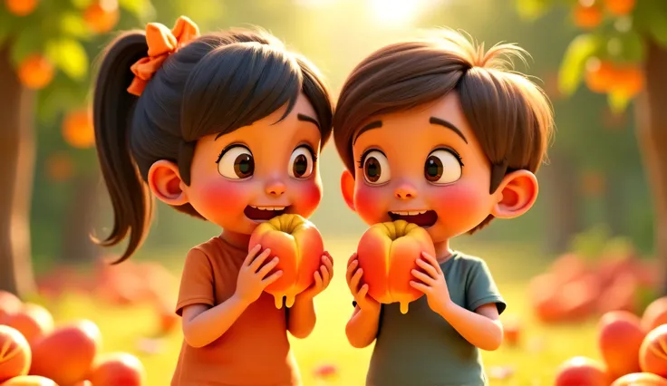 A 3D animated hd-Pixar style one girl and one boy both aged 7-8 holding both having one peach each and they take a big bite of their peach and smile as the juice drips from their chin.