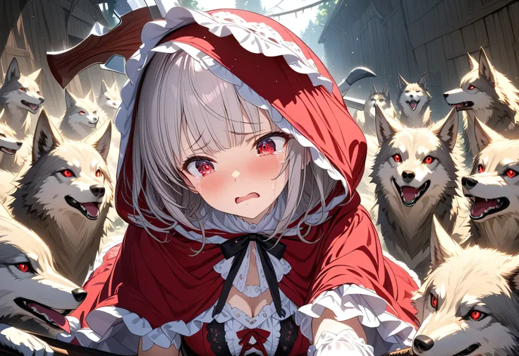 masterpiece,amazing quality,best quality,ultra-detailed,8k,illustration,CG,　 1girl , tell me about one beautiful girl、 Lolita Style,Red Riding Hood clothes,red eye, sheds tears, Gold, has an axe, sad expression,Lots of wolves around,Half-open eyes,Akaku-sh...