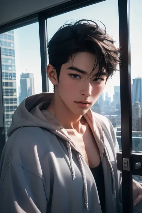  Japanese male　 handsome　 short dark hair  　　short cropped 　　 slim figure　　　I'm wearing an oversized thick plain hoodie　　　Face up super 　 inside the training room with full glass 　　　　 Outside is a group of futuristic city skyscrapers on a cold day 　もっとFace...