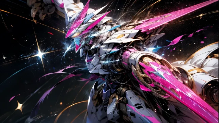 The Vast Universe，There are pink and purple stars，There is a white and gold-adorned mecha in the distance flying through the galaxy，The blue tail flame spewed out by the mecha，Simplified lines