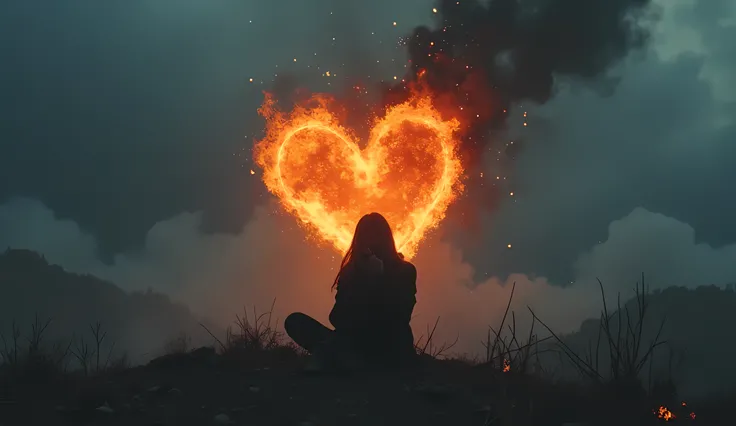 A melancholic and dramatic scene depicting deep sorrow and heartbreak. A lone figure sits under a dark, stormy sky, drenched in rain, their face hidden in their hands, overwhelmed by sadness. In the background, a massive fiery heart burns intensely, symbol...