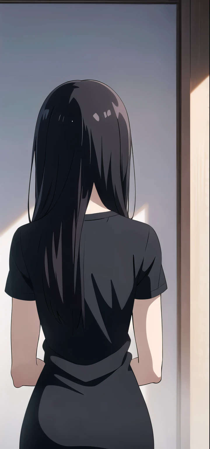 Anime woman long black hair, back view, wearing tshirt, pretty women, anime mom, standing still , long hair 