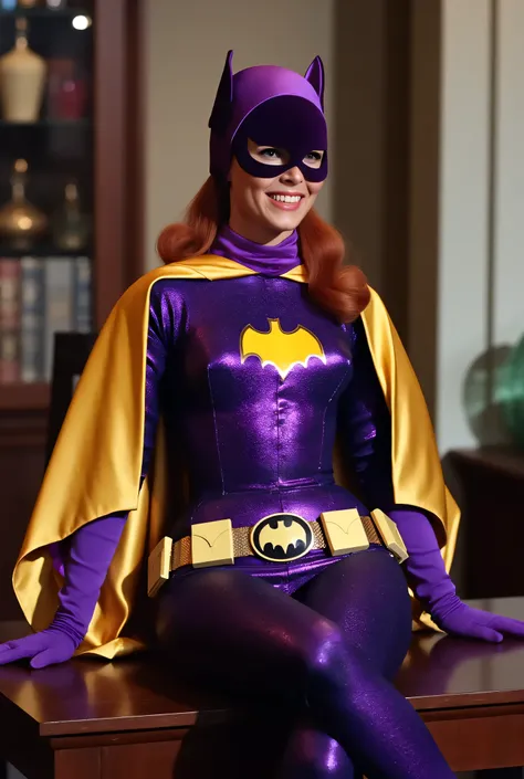  Masterpiece, Award Winning, High Quality, artgerm, solo, wearing retro Batgirl purple costume, big breast, retro red hair, looking at viewer, makeup, yellow Batgirl cape, b4tg1rl woman, posing sexy, Yvonne Craig,  ankle boots, heels, wide hips , muscular ...