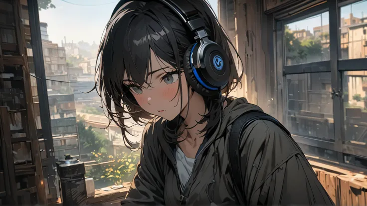   masterpiece,最  high quality, very well detailed,   high detailed background  ,8k,  nothing there ,  high quality, Japanese Manga Style , [ headphones to enjoy the silence of the morning]