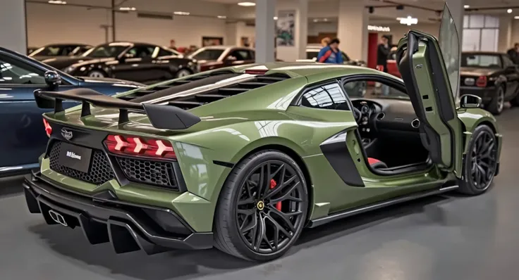 A olive green sports car, a ford mustang , is prominently featured in a showroom setting. The car is positioned in the mid-ground, slightly angled to the right of the frame.  Its doors are wide open, revealing the interior with red accents.  The car's body...