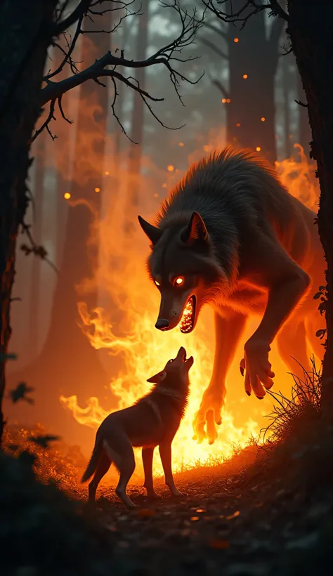 A sudden flash of blazing fire lights up the dark jungle as a fire-breathing wolf snarls at the monster dog. Flames flicker around its mouth, casting a terrifying glow on the twisted branches above. The monster dog growls back, unaffected by the heat, its ...