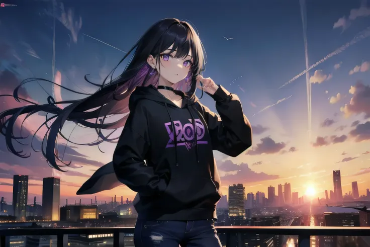 (masterpiece), (best quality), ultra detailed, finely detailed color, cenematic painting, bishoujo, model, ((one lady)), 20 years old, cute face, black hair, absurdly long hair, straight hair, (violet eyes:1.2), purple eyes, standing, chocker, ((black hood...