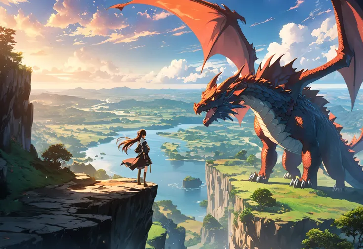 anime, Woman standing on a cliff and watching a dragon, anime art wallpaper 8 k, anime art wallpaper 4 k, anime art wallpaper 4k, anime wallpaper 4 k, anime wallpaper 4k, 4k anime wallpaper, 4k Manga Wallpaper ,  Dragon Girl , anime epic artwork, anime wal...