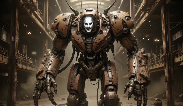 Realism, perfect composition. The human robot is a chocolate-colored colossus with iron elements. He stands on his hind legs.Massive torso, broad shoulders. His head is a TV with a white smiling human face on the screen. the screen is covered with interfer...