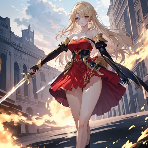 masterpiece, best quality, ultra detailed, intricate details, 
(1 girl:1.2), beautiful mature female warrior,
(heterochromia:1.2), (red right eye, blue left eye:1.2),
(golden blonde hair with red highlights:1.2), flowing semi long hair,
(delicate face:1.2)...