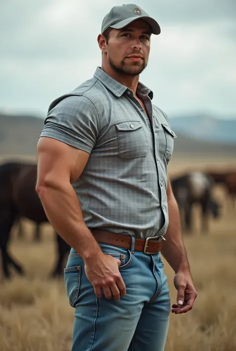  Realistic photograph , 35-year-old muscular (((athletic man))) ,  Very defined face, View from below,  in profile, light gray Oxford shirt de cuadros and very tight light blue jeans, brown belt,  in profile, Big butt, viendo a cámara,  black eyes,, at the...