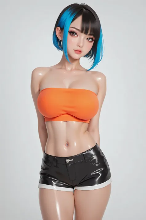 Goth girl . Very kawaii , round face . Slim , huge breasts , shiny skin . tube top. shorts . arms behind back . No background , White background , looking at the viewer, colorful, vivid colors, neon colors, 