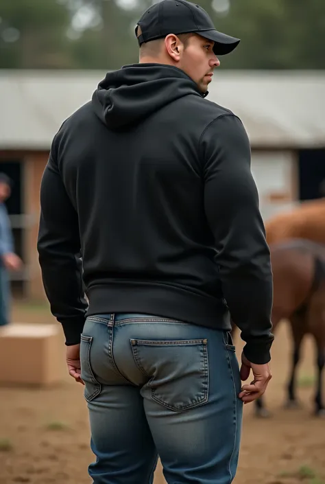 Realistic photograph , 30-year-old muscular (((athletic man))) nalgon, rostro definido muy similar al de referencia, ojos negros, view from below, in profile, black hoodie and tight washed-out medium blue levis jeans, stright back, in profile, Big butt, vi...