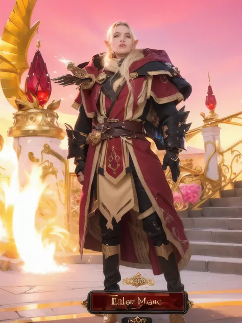 an male mage elf, with long brows and hair in color of light blonde, dressed in red with gold ornaments, glowy green eyes, glowy light staff, at beautiful sunny gold elven palace