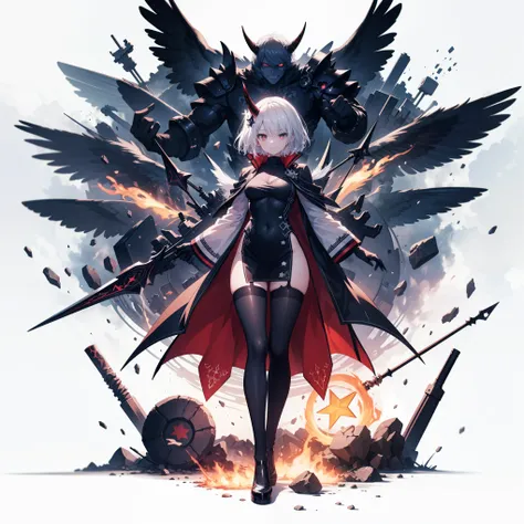 Masterpiece, best quality, ultra-detailed, anime style, full body of Chaos Demon girl, like smoke and shadow given form, giant horn and giant wing, shadow sword and shadow claw, supernatural Lightning and flame, ((Eight-pointed star symbol)), 8k high resol...