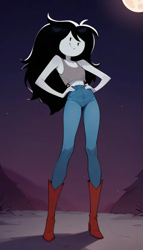 masterpiece, best quality, newest, absurdres, highres , outdoors, night, moon
1girl, solo, Marceline, skinny figure , grey skin, gray tank top, jeans, standing , smile, looking at viewer, hands on hips , long legs , red boots , full body 