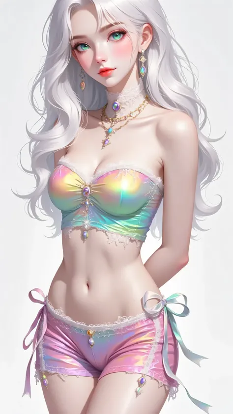 Goth girl . Very kawaii , round face . Slim , huge breasts , shiny skin . Rainbow metallic tube top. shorts . arms behind back . No background , White background , looking at the viewer, colorful, vivid colors, neon colors, 