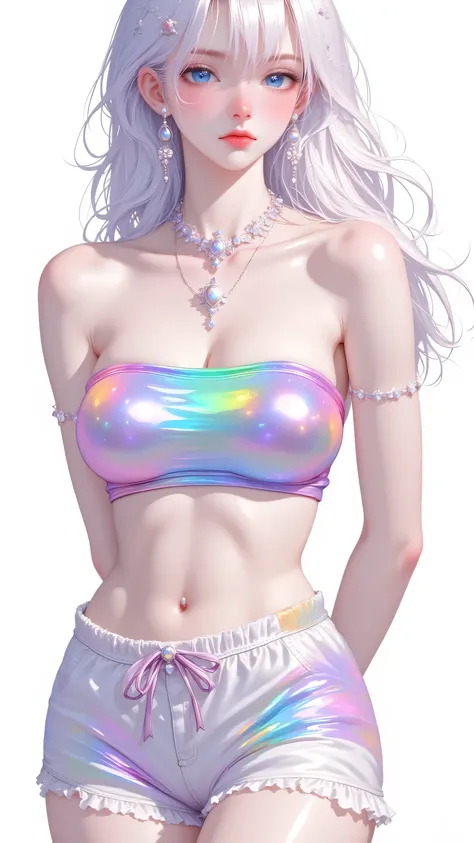 Goth girl . Very kawaii , round face . Slim , huge breasts , shiny skin . Rainbow metallic tube top. shorts . arms behind back . No background , White background , looking at the viewer, colorful, vivid colors, neon colors, 