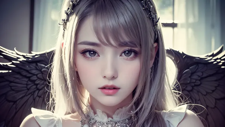 (born, TOP QUALITY, masterpiece:1.5), ( Realistic Like the Picture Complicated Details :1.2) Super high resolution, one absurd girl, beautiful face, round face, purple, fine eyes, symmetrical eyes, silver-haired fairy shining on her face　 magic 　 monochrom...