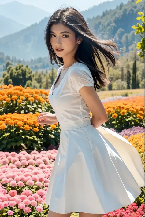 (masterpiece, best quality:1.2, 8k RAW photo, girl, solo, natural soft lighting), running in flower field, mountains background, looking at camera, the wind is flowing her hair