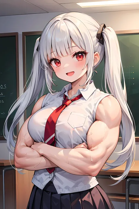 1girl, solo, (medium breasts, muscles, large muscles, muscular arms), (white hair, blunt bangs, cute face, long bangs, red eyes, twintails, long hair), (school uniform, blazer, skirt, red tie), indoors, smile, open mouth,