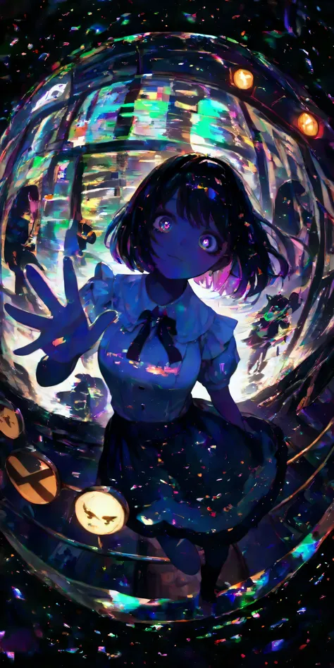 1girl,street lights, neon-color black light, tilt dutch angle,,fisheye-lens, (glitchy noise), waving hand big bye-bye,(multicolor glitch,glitch,neon), overly detailed pupils,glowing,chromatic aberration,railroad crossing,distorted, glitchy noisy train,dyna...