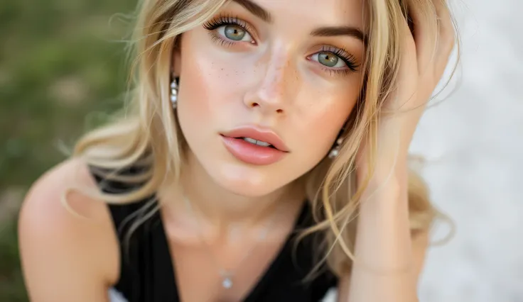 A portrait of a young woman with sun-kissed blonde wavy hair and light hazel eyes. She has a clear complexion with a scattering of freckles across her nose and cheeks. Her expression is contemplative as she gazes towards the viewer. She wears minimal makeu...