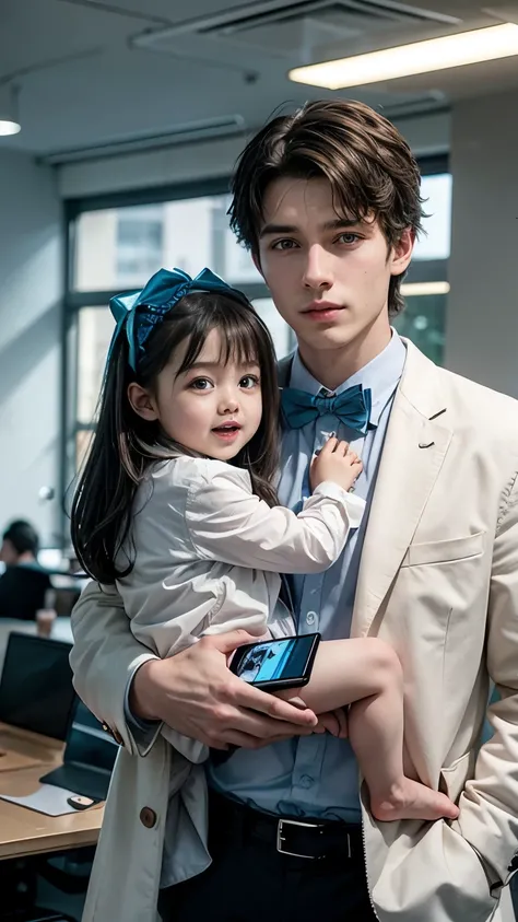 "Realistic portrait of a handsome man with dark brown hair, wearing a formal suit with a blue tie, holding a small boy who brunette and blue-eyed. The boy was wearing a white shirt with a black bow tie and pants short, looks comfortable in the arms of the ...