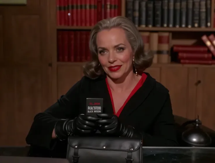 tallulah bankhead as 1966 batman villainess black widow.  wearing her black outfit, wearing black leather gloves, wearing black knee high leather boots, standing looking ahead