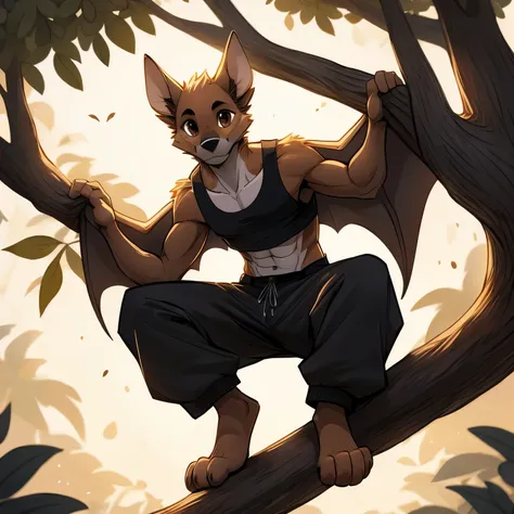 Furry, furry fruit bat, male, brown fur, tan underbelly, brown eyes, white tanktop, black baggy pants, bat wings, male anatomy, bat face features, perfectly drawn face, perfectly drawn muzzle, perfectly drawn ears, perfectly drawn eyes, perfectly drawn ana...