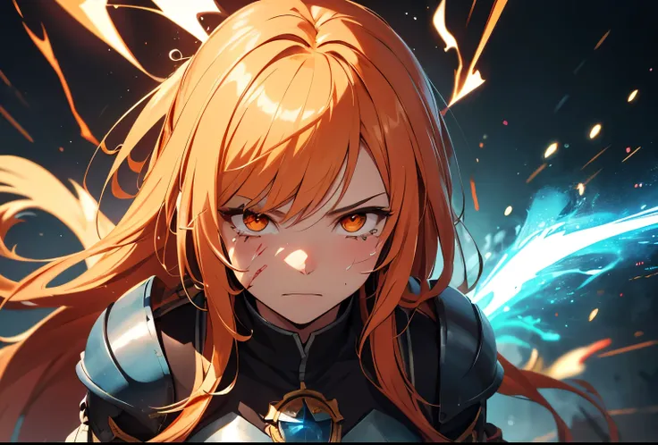 anime style, medieval anime, age girl, in a medieval battlefield, archer clothes, barely mature body, long hair with various shades of orange, orange eyes, crying a lot, desperated, panic face, blue sparks, sparky background, extremely detailed, masterpiec...