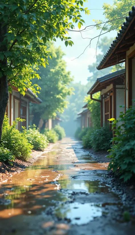 Summer rain — A small street after a shower, pavement standing water, raindrops sparkling on green foliage. Clear air, light moist soil.

