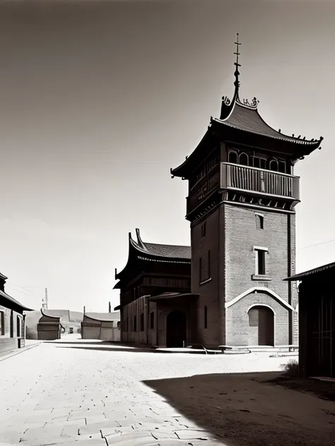 arafed view of a building with a gate and a tower, a black and white photo inspired by Wen Zhengming, shutterstock, visual art, the photo shows a large, old sepia photography, 1 9 th century photography, 1880 photograph, 1 8 8 0 photograph, 1860 photograph...