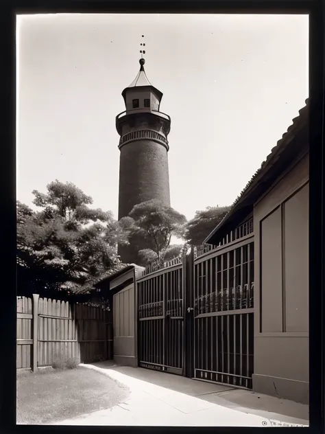 arafed view of a building with a gate and a tower, a black and white photo inspired by Wen Zhengming, shutterstock, visual art, the photo shows a large, old sepia photography, 1 9 th century photography, 1880 photograph, 1 8 8 0 photograph, 1860 photograph...