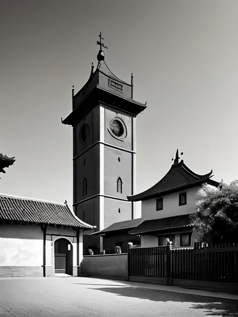 arafed view of a building with a gate and a tower, a black and white photo inspired by Wen Zhengming, shutterstock, visual art, the photo shows a large, old sepia photography, 1 9 th century photography, 1880 photograph, 1 8 8 0 photograph, 1860 photograph...