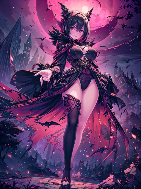 (((masterpiece, best quality, high detailed, 16k))), Vampire girl, female goddess, red eyes, red lips, bloody, big breasts, black bikini dress, red and black cloak, skinny waist, cleavage, thighs, thigh highs, glaring, magnificent, epic, majestic, magical,...